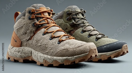 Volumetric hiking boots in earth-brown and forest-green on a neutral backdrop