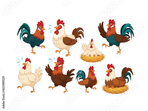 Rooster and Hen Collection: a whimsical illustration showcasing a collection of colorful roosters and hens, each with unique personalities and poses, creating a lively and playful scene. 