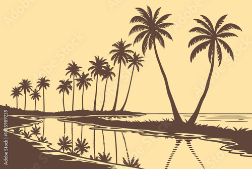 Coconut palms reflected in tidal pool at sunset