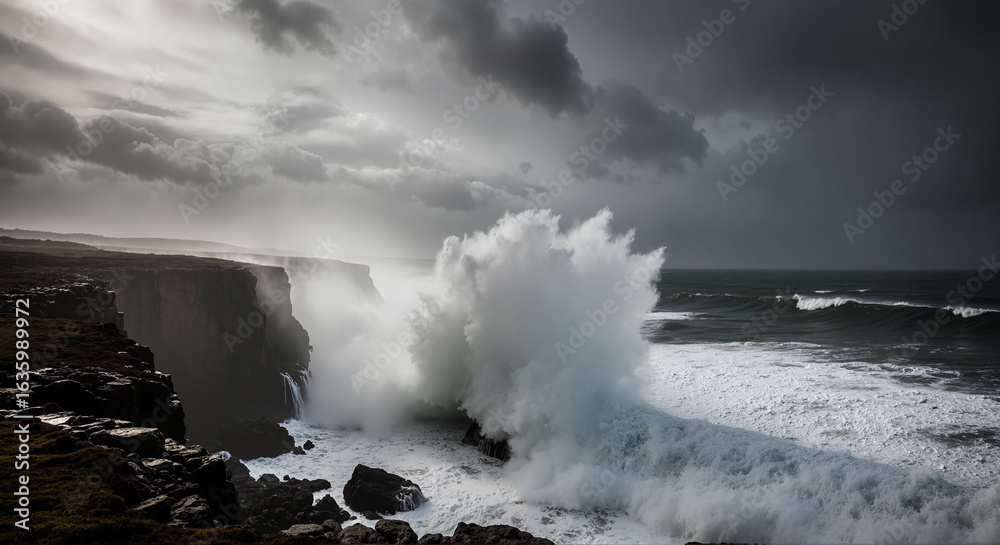 Obraz premium Stormy ocean waves crashing against coastal cliffs. Dramatic storm Floris scene with powerful waves and wind. Intense storm Floris photography for websites and travel blogs showcasing nature's power.