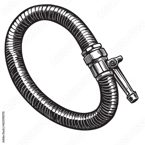 Detailed black and white illustration of a garden hose nozzle and flexible tubing