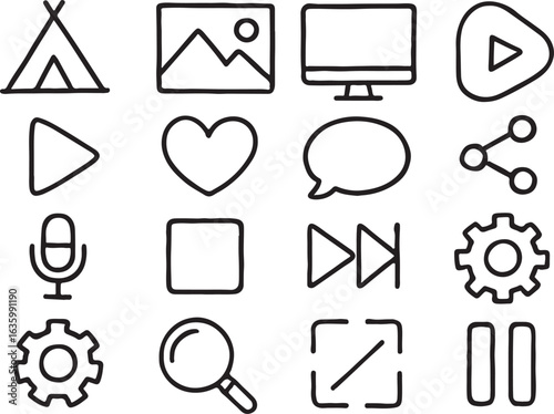 Hand drawn icons for media playback and digital tools