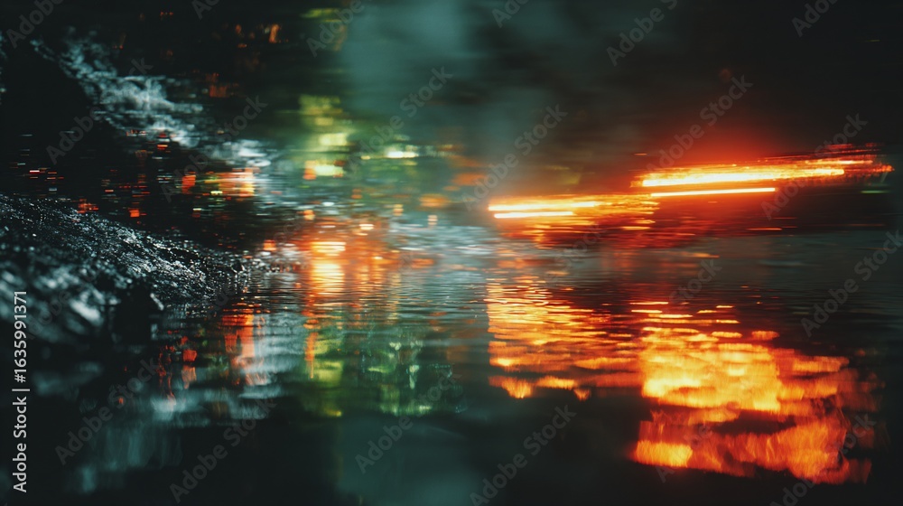 Fototapeta premium Neon Lights Reflecting in Water, Painting City Night, Creating Atmospheric Glow