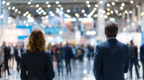 Professional Back View of Business Executives Standing in Exhibition Hall