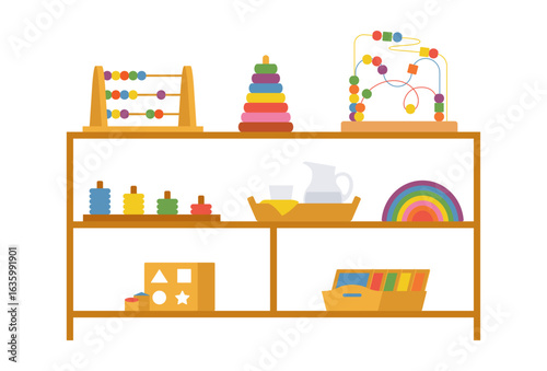 Montessori toy shelf. Wooden educational toys for toddlers, including rainbow stacker, bead maze, abacus, shape sorter, and pouring tray. Simple illustration, stock flat vector, isolated.