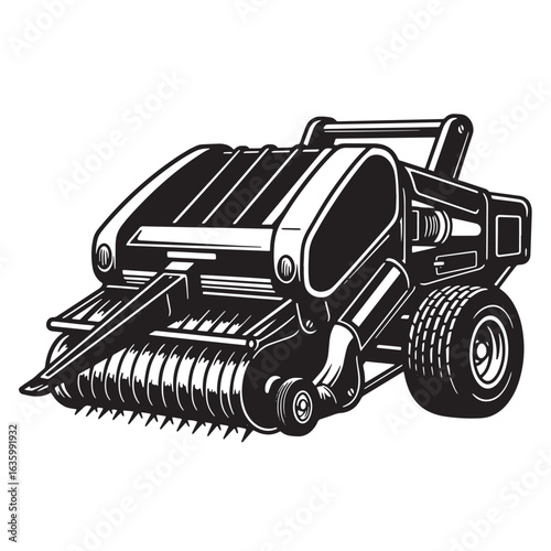 Detailed black and white illustration of a powerful agricultural hay baler machine in operation.