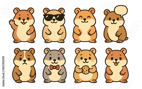 Set of eight cartoon hamsters in standing pose with different expressions and accessories on white background. Flat kawaii vector illustration for design and print.