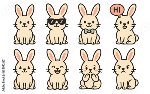Set of eight cartoon bunnies in sitting pose with various emotions and accessories on white background. Flat kawaii style vector illustration for design and print.
