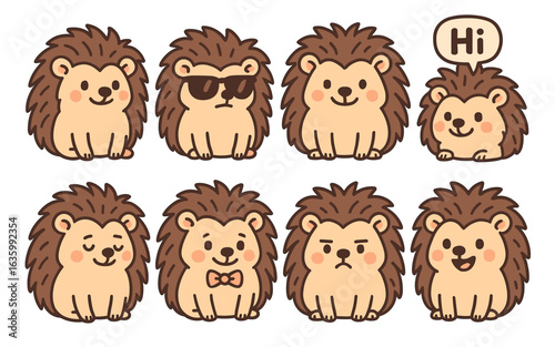 Set of eight cartoon hedgehog characters in sitting poses with different facial expressions and accessories. Flat kawaii style vector illustration on white.