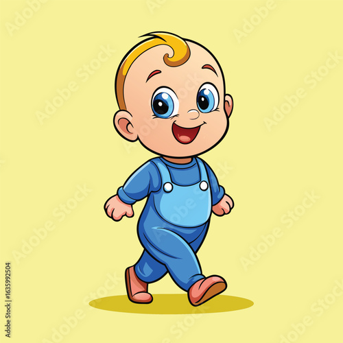Adorable cartoon baby taking first wobbly steps in a cute outfit