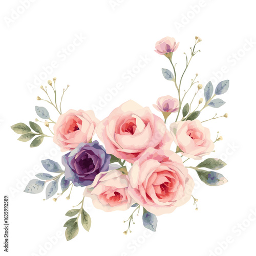Elegant watercolor bouquet with pink and purple roses and gentle blue leaves