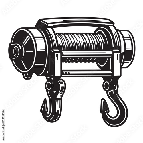 Detailed black and white illustration of a powerful winch with integrated lifting hooks