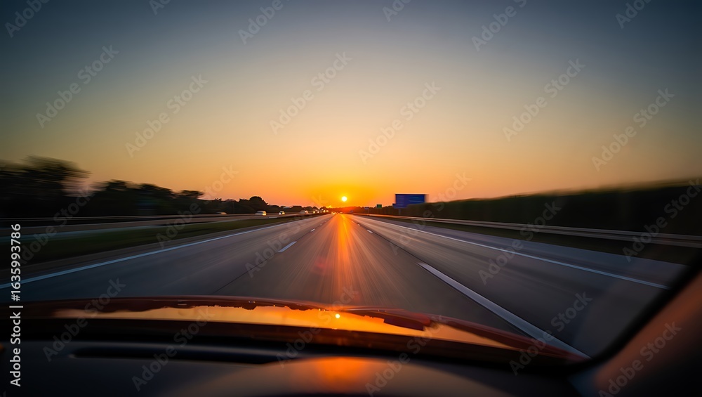 Naklejka premium Driving into the Sunset Golden Hour Highway Perspective Travel Road Trip Adventure Landscape Photography