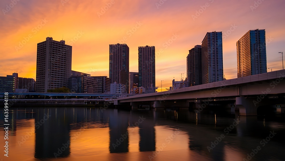 Naklejka premium Dramatic Sunset Sky Over Urban Cityscape with Building Reflections in Water in Japan