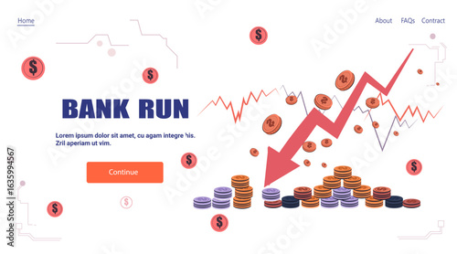 Bank run financial crisis falling coins red arrow economic recession graph declining money stacks modern website banner