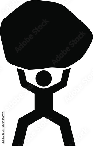 Black silhouette of a person lifting a large rock above their head icon symbol
