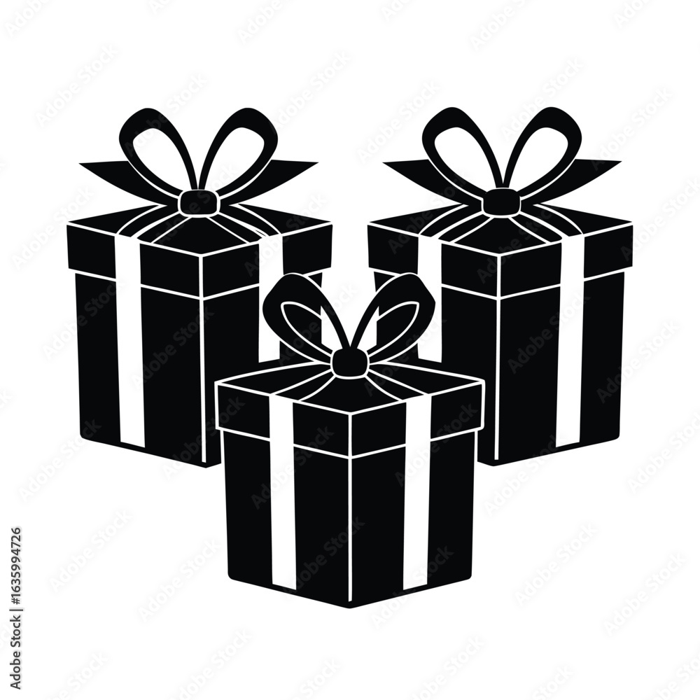 Obraz premium Three Christmas gift boxes with bows vector silhouette 