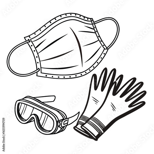 Outlined Protective Gear Includes a Mask Gloves and Goggles in a White Background