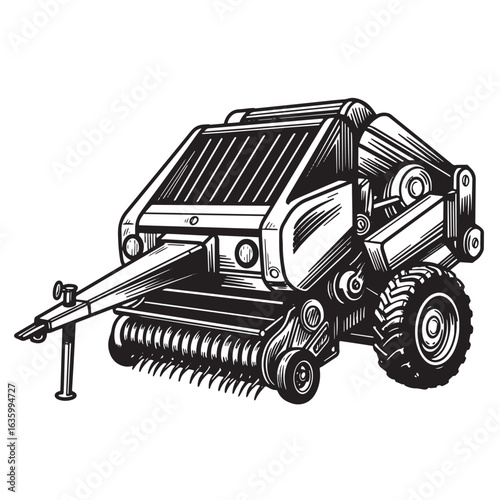 Detailed black and white illustration of a vintage agricultural hay baler machine