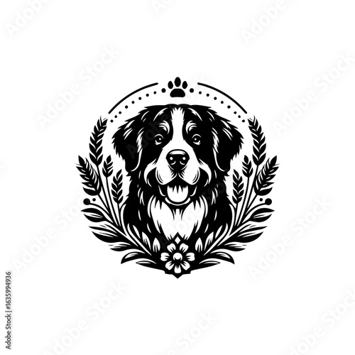 Bernese mountain dog portrait with floral elements isolated on white background