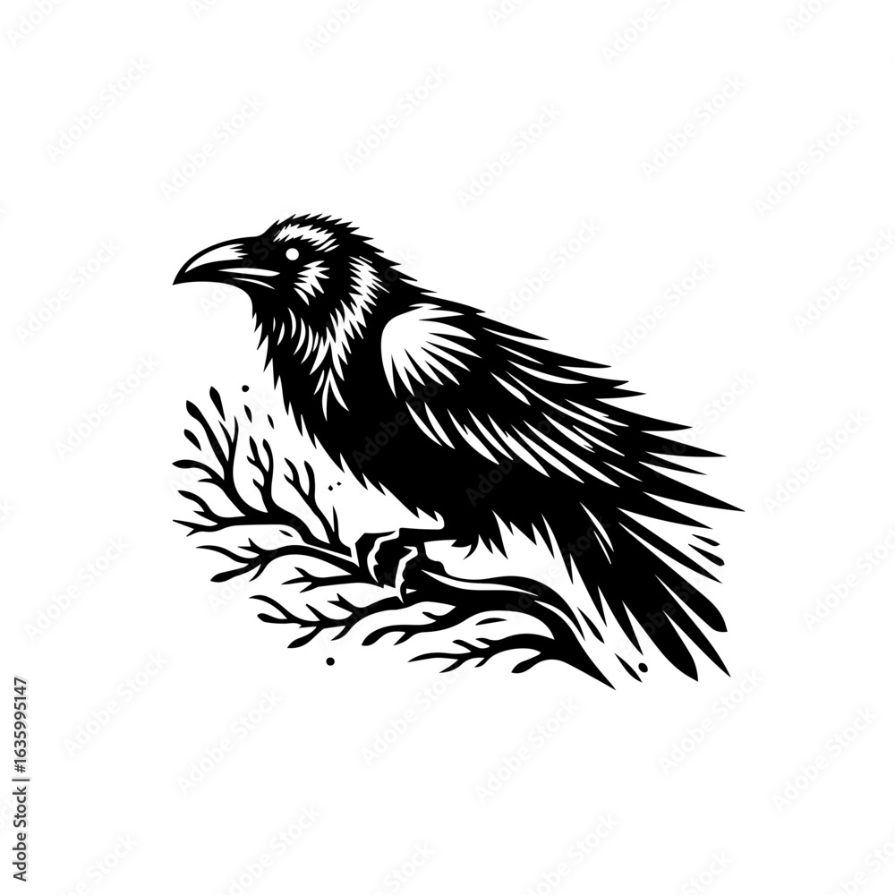 Fototapeta premium Stylized raven perched on a branch, isolated on white background
