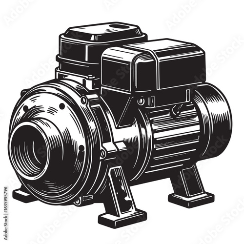 Detailed black and white illustration of a water pump equipment with vintage engraving