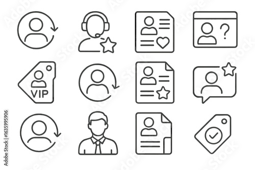 Customer Loyalty Icons. Line style icons of customer loyalty support: returning user badge, premium support icon, loyalty feedback