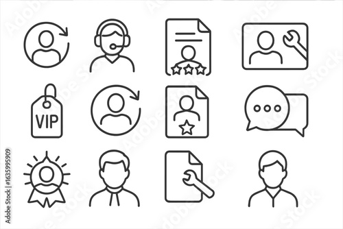 Customer Loyalty Icons. Line style icons of customer loyalty support: returning user badge, premium support icon, loyalty feedback