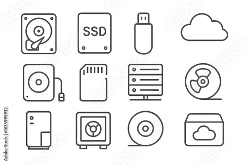 Line Style Storage Icons. Line style icons of storage types: hard drive icon, SSD badge, USB flash drive, cloud storage icon,