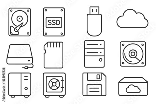 Line Style Storage Icons. Line style icons of storage types: hard drive icon, SSD badge, USB flash drive, cloud storage icon,