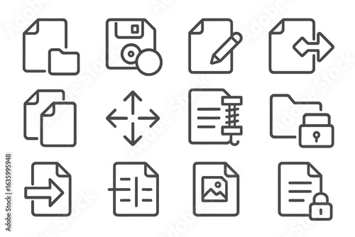 File Action Icons. Line style icons of file actions: open file icon, save disk badge, edit document tag, share file arrow,