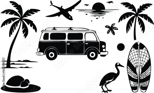 Tropical Travel Illustration – Palm Trees, Airplane, Camper Van, Surfboard, Sunset, Birds, Hat, and Butterfly