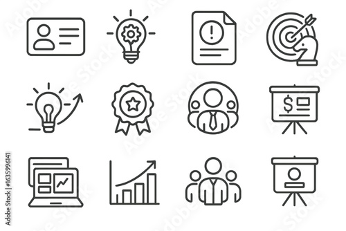 Startup Elements Icons. Line style icons of startup pitch elements: elevator pitch card, idea validation icon, problem statement