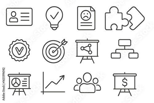 Startup Elements Icons. Line style icons of startup pitch elements: elevator pitch card, idea validation icon, problem statement