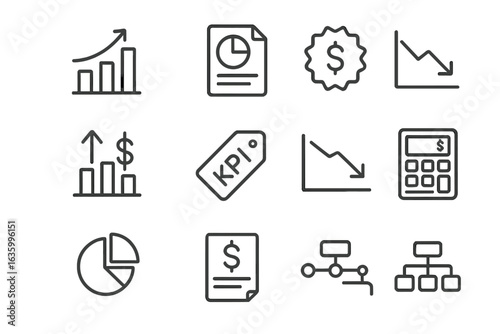 Financial Icon Set. Line style icons of financial projections: revenue forecast chart, expense breakdown file, profit projection