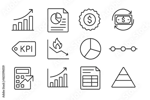 Financial Icon Set. Line style icons of financial projections: revenue forecast chart, expense breakdown file, profit projection
