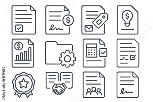 Fundraising Document Icons. Line style icons of fundraising documents: term sheet icon, SAFE agreement file, pitch email tag,