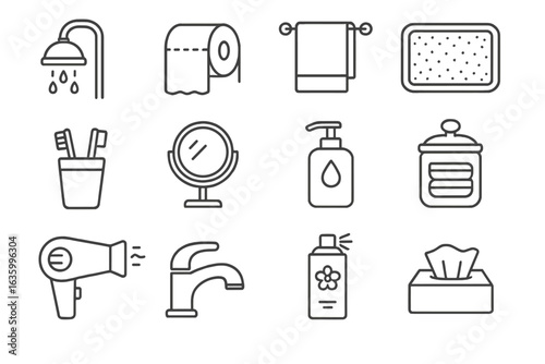 Bathroom Line Icons. Line style icons of bathroom items: showerhead, toilet paper roll, hand towel, bathroom rug, toothbrush