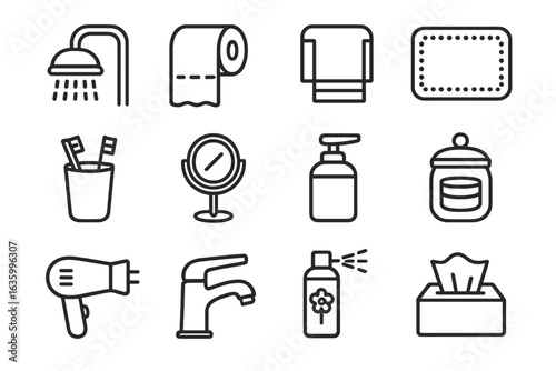 Bathroom Line Icons. Line style icons of bathroom items: showerhead, toilet paper roll, hand towel, bathroom rug, toothbrush