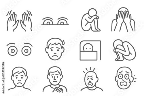 Fear and Anxiety Icons. Line style icons of fear and anxiety: trembling hands, eyes peeking out, crouching figure, hands shielding