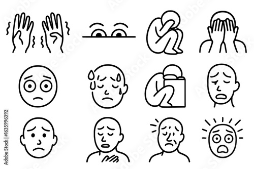 Fear and Anxiety Icons. Line style icons of fear and anxiety: trembling hands, eyes peeking out, crouching figure, hands shielding