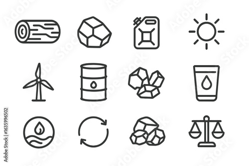 Natural Resource Icons. Line style icons of natural resources: wood log, coal piece, gas canister, sunlight icon, wind power, oil