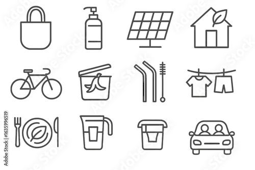 Sustainable Living Icons. Line style icons of sustainable living: cloth bag, refill bottle, solar panel, eco home, bicycle icon,