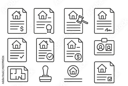 Housing Document Icons. Line style icons of housing documents: mortgage paper, title deed, legal contract, signed document, house
