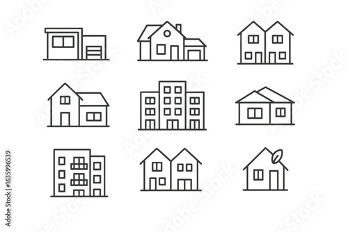 Line Style Homes. Line style icons of residential buildings: modern house, suburban home, duplex building, two-story house,