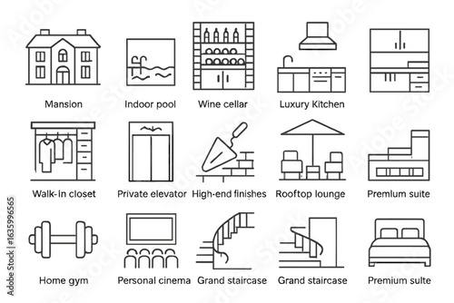 Luxury Property Icons. Line style icons of luxury properties: mansion icon, indoor pool, wine cellar, luxury kitchen, walk-in