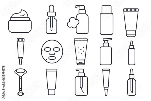 Skincare Icons. Line style icons of skincare products: face cream jar, serum bottle, cleansing foam, toner icon, eye cream tube,