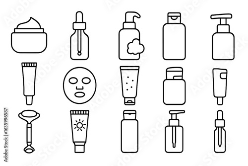 Skincare Icons. Line style icons of skincare products: face cream jar, serum bottle, cleansing foam, toner icon, eye cream tube,