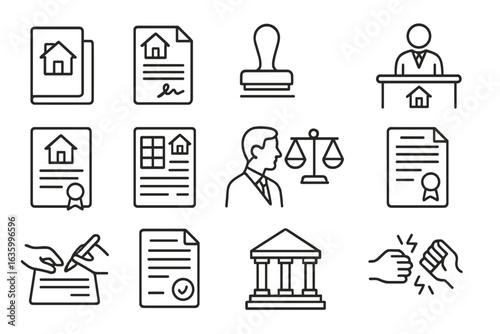 Real Estate Legal Icons. Line style icons of real estate legal elements: contract folder, signature page, stamp icon, notary desk,
