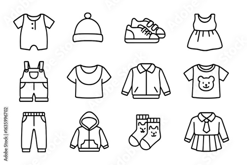 Children's Fashion Icons. Line style icons of children’s fashion: romper icon, baby hat, tiny sneakers, kids dress, overalls icon,
